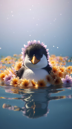 Cute penguin swimming in the water with flowers. 3d renderの素材