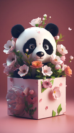 Cute panda bear in a gift box with flowers. 3d renderingの素材