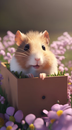 Hamster in a box of flowers on a background of green grassの素材