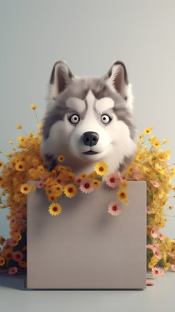 Siberian husky dog with flowers and blank board. 3d illustrationの素材