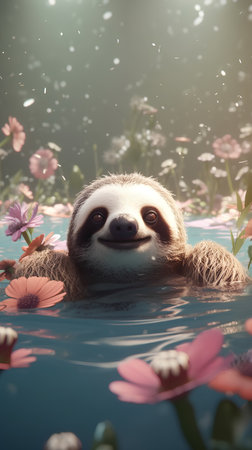 3D Render of Sloth swimming in the pool with flowers.の素材