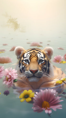 Tiger in the water with flower background,3d rendering.の素材