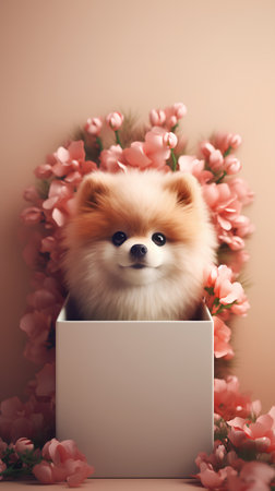 Cute Pomeranian dog in a gift box with pink flowersの素材