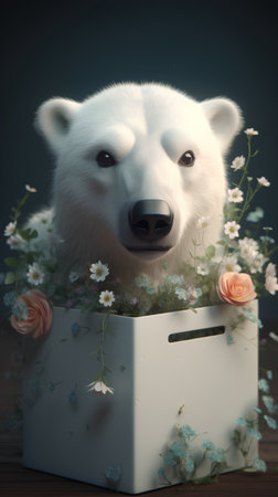 Polar bear with flowers in a box. 3D illustration.の素材