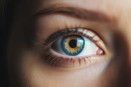 Close up shot of beautiful woman's blue eye. Selective focus.の素材