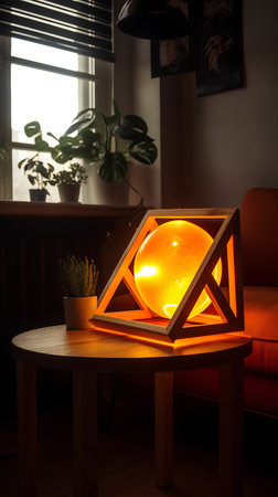 Vintage wooden table with lamp and houseplant in living room.の素材