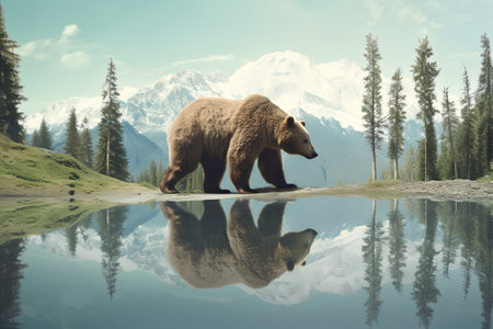 Grizzly bear on the background of mountains reflected in the waterの素材
