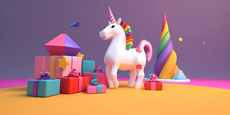 Unicorn and gift boxes. 3d render illustration. Pink background.の素材