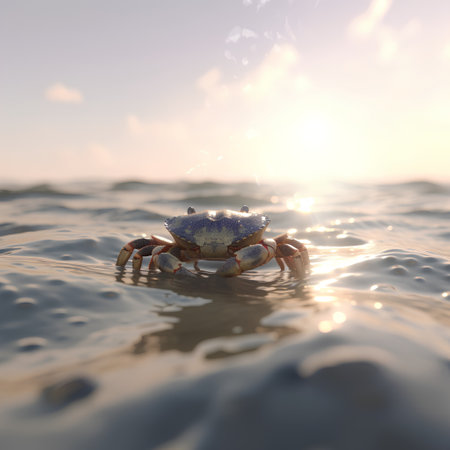3D rendering of a blue crab in the sea at sunset.の素材