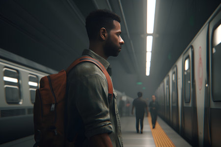 Young african american man with backpack standing in subway station.の素材