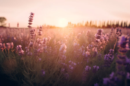Lavender flowers blooming in the field at sunset. Vintage tonedの素材