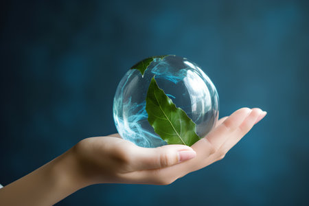 Close up of human hands holding glass globe with green leaf in itの素材