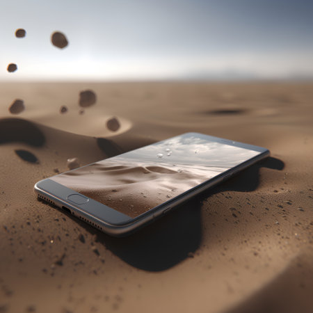 3d rendering of a smartphone on the sand with water dropletsの素材