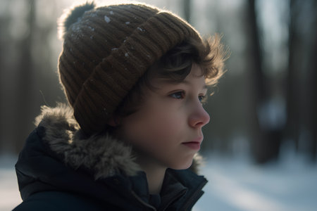 portrait of a boy in the winter forest, close-upの素材