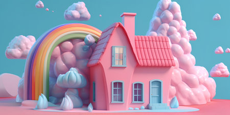 3d render of pink house with rainbow and clouds on blue backgroundの素材