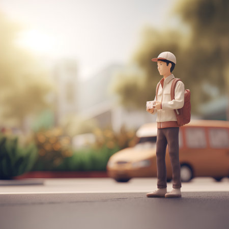 Miniature backpacker with coffee on the road in the city.の素材