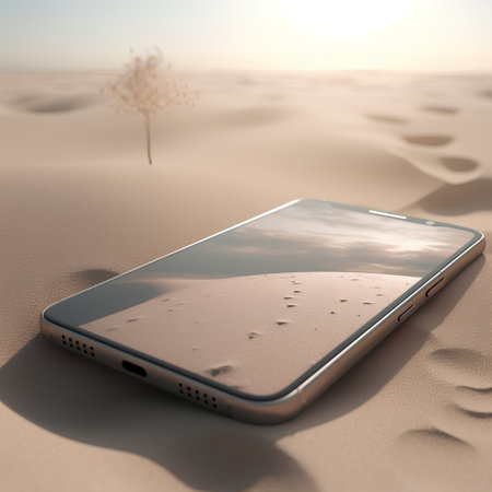 Smartphone with water drops on the sand. 3d illustration.の素材