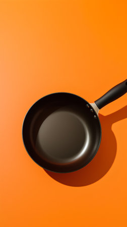 Frying pan with shadow on orange background. 3d rendering.の素材