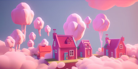 Cute pink houses in the clouds. 3d rendering, 3d illustration.の素材