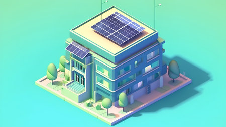 3D isometric illustration of a building with solar panels and treesの素材