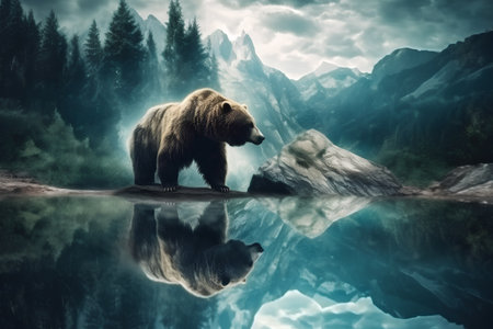 Brown bear on a background of mountains and lake. 3d renderingの素材