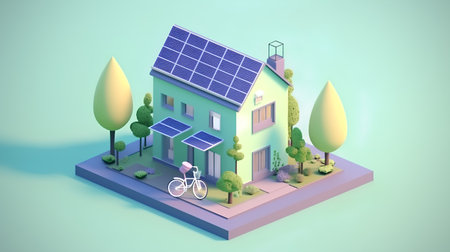 House with solar panels and bicycle. 3d isometric vector illustrationの素材