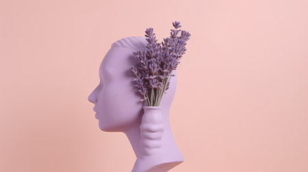 Lavender bouquet in the head of a man on a pink backgroundの素材