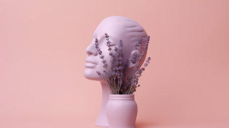 3d render of female head with lavender flowers in vaseの素材