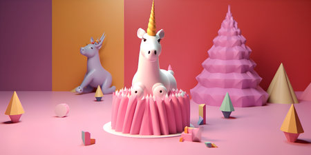 Unicorn cake with unicorn and trees, 3d render illustrationの素材