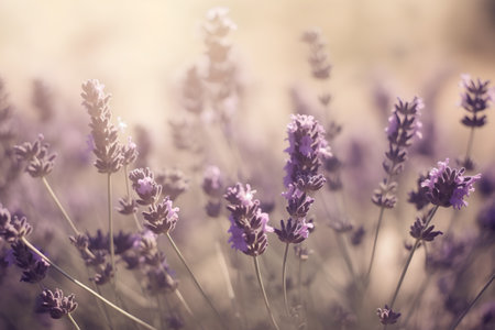 Lavender flowers in a lavender field. Vintage tone.の素材