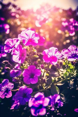Beautiful purple petunia flowers in the garden. Floral backgroundの素材