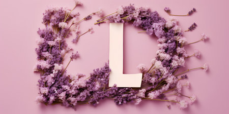 Letter J made of lavender flowers on pink background. Flat lay, top viewの素材