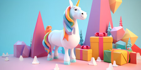 Unicorn with gift boxes. 3d illustration. 3D rendering.の素材