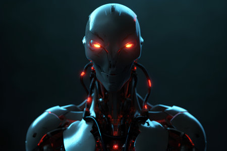 Cyborg with red glowing eyes on dark background. 3D renderingの素材