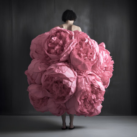 Woman with big bouquet of pink peonies on black background.の素材