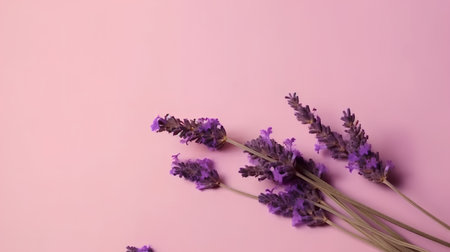 Lavender flowers on a pink background with copy space. Flat lay.の素材