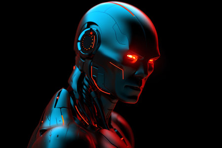 Cyborg head with red glow on black background. 3D renderingの素材