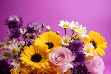 Beautiful bouquet of flowers on a purple background. Studio photography.の素材