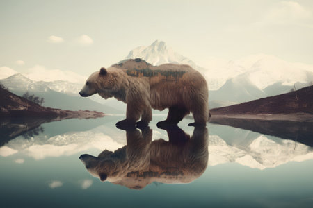 Grizzly Bear in the mountains reflected in the lake.の素材
