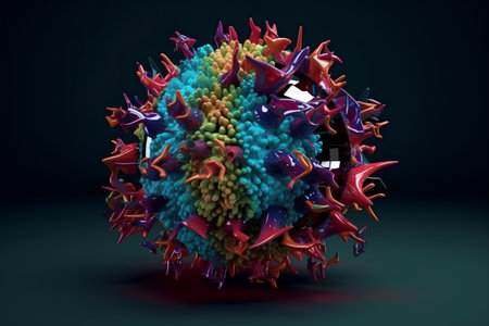 abstract 3d render of virus in black background with light raysの素材