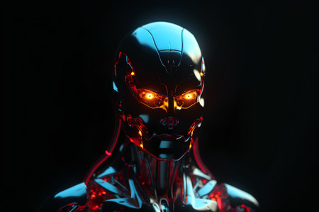 3d rendering of futuristic female robot with red glowing eyes on black backgroundの素材