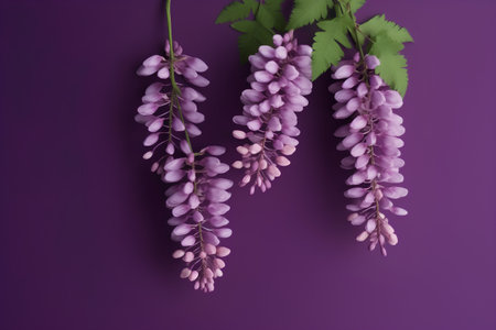Purple wisteria flowers on purple background. Flat lay, top viewの素材