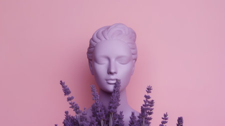Sculpture of the head of a woman with lavender on a pink backgroundの素材