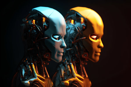 3d rendering of cyborgs with heads on dark background.の素材