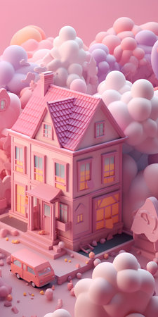 3d render of a house on a background of pink clouds.の素材