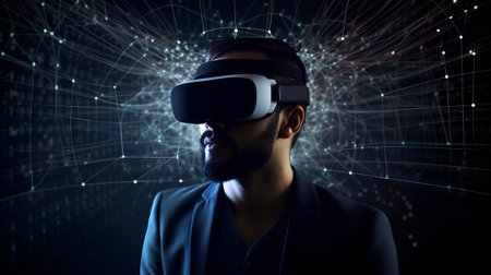 Young man with virtual reality headset. Future technology concept. 3D Renderingの素材