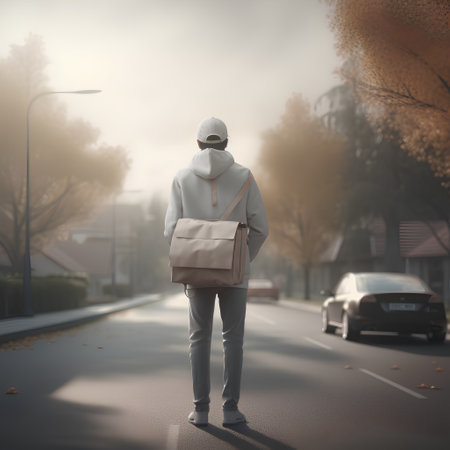 Young woman with a backpack walking along the street in the fog.の素材