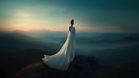 Beautiful woman in long white dress on the top of the mountainの素材