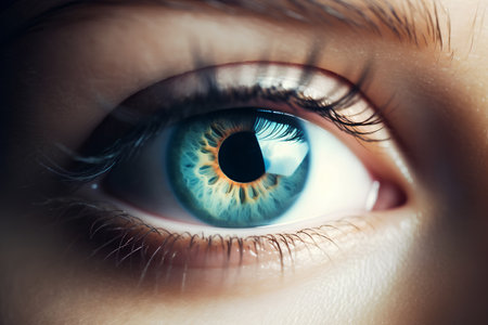 Close up of beautiful woman's blue eye with pupil. Macro shotの素材