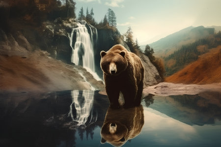 Bear on the background of waterfall in the mountains. Collage.の素材